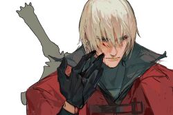 Rule 34 | 1boy, bishounen, blood, blood on face, blue eyes, closed mouth, coat, dante (devil may cry), devil may cry (anime), devil may cry (series), feznda, gloves, hair between eyes, highres, holding, long bangs, long hair, male focus, necktie, necktie grab, neckwear grab, portrait, rebellion (sword), red coat, simple background, solo, white hair