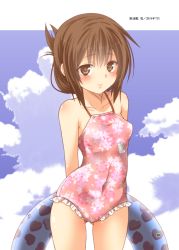 Rule 34 | 1girl, absurdres, alternate costume, arms behind back, bare arms, bare shoulders, blue sky, blush, breasts, brown eyes, brown hair, casual one-piece swimsuit, character name, closed mouth, cloud, cloudy sky, collarbone, covered navel, cowboy shot, day, dog tags, floral print, folded ponytail, frilled swimsuit, frills, gluteal fold, hair between eyes, heart, heart print, highres, inazuma (kancolle), innertube, kantai collection, lips, non-web source, one-piece swimsuit, outdoors, outside border, pink one-piece swimsuit, print innertube, sidelocks, sky, small breasts, solo, swim ring, swimsuit, thighs, yua (checkmate)