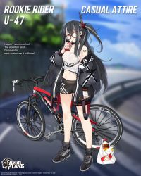 Rule 34 | 1girl, azur lane, bag, bicycle, bike shorts, black hair, blurry, blurry background, breasts, character name, choker, cleavage, commentary, copyright name, cross, drinking, drinking straw, english commentary, english text, full body, glasses, highres, iron cross, juice box, large breasts, long hair, looking at viewer, midriff, multicolored hair, navel, official alternate costume, official art, ootsuki momiji, red eyes, road, second-party source, semi-rimless eyewear, shopping bag, solo, streaked hair, u-47 (azur lane), u-47 (rookie rider) (azur lane), white hair