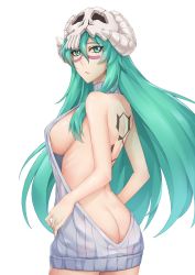 Rule 34 | 1girl, ass, backless outfit, bare arms, bare legs, bare shoulders, bleach, breasts, butt crack, green eyes, green hair, highres, large breasts, long hair, meme attire, nelliel tu odelschwanck, ribbed sweater, sakuya (liao kj), sideboob, skull, solo, sweater, tattoo, virgin killer sweater, white background