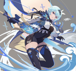 Rule 34 | 1girl, black gloves, black thighhighs, blue hair, boots, breasts, eruthika, eula (genshin impact), floating hair, genshin impact, gloves, highres, large breasts, purple eyes, short hair, simple background, skin tight, solo, sword, thick thighs, thigh boots, thigh strap, thighhighs, thighs, weapon