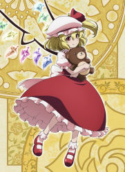 Rule 34 | 1girl, ascot, blonde hair, blush, flandre scarlet, hat, lunamoon, mary janes, red eyes, shoes, short hair, side ponytail, smile, solo, the memories of phantasm, touhou, wings