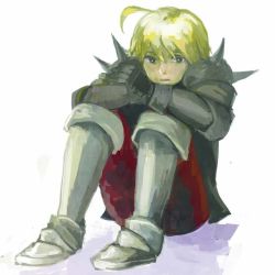 Rule 34 | 1boy, ahoge, armor, bad id, bad pixiv id, blonde hair, boots, brown eyes, expressionless, final fantasy, final fantasy tactics, full body, gauntlets, greaves, hair between eyes, knee boots, knees to chest, knees to chest, looking at viewer, male focus, pants, pauldrons, ramza beoulve, red pants, short hair, shoulder armor, shoulder pads, shoulder spikes, simple background, sitting, solo, spikes, suku (downy), white background