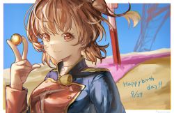 Rule 34 | 1girl, absurdres, aijou karen, aoi hane, arm at side, blue sky, border, breasts, brown hair, buttons, chromatic aberration, closed mouth, collared shirt, commentary, dated, day, desert, epaulettes, hand up, happy birthday, highres, holding, holding button, jacket, long sleeves, looking at viewer, medium breasts, multicolored clothes, multicolored jacket, orange eyes, outdoors, outside border, shirt, short hair, shoujo kageki revue starlight, sky, smile, solo, tassel, torn clothes, torn jacket, tower, two side up, upper body, v, white border, white shirt
