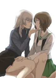 Rule 34 | 10s, 2girls, blonde hair, blush, brown eyes, brown hair, commentary request, girls und panzer, grey eyes, hand on another&#039;s cheek, hand on another&#039;s face, hand on another&#039;s leg, highres, itsumi erika, kani aruki (bucket crawl), knee up, looking at another, military, military uniform, miniskirt, multiple girls, nishizumi miho, ooarai school uniform, pleated skirt, school uniform, serafuku, skirt, uniform, yuri
