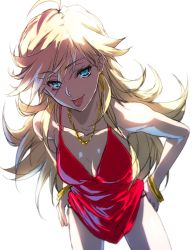 Rule 34 | 10s, 1girl, bad id, bad pixiv id, bare arms, bare shoulders, black panties, blonde hair, blue eyes, bracelet, breasts, cleavage, clothes lift, collarbone, dress, dress lift, earrings, iwamoto eiri, jewelry, long hair, looking at viewer, medium breasts, necklace, no bra, panties, panty &amp; stocking with garterbelt, panty (psg), panty pull, red dress, shadow, short dress, simple background, sleeveless, sleeveless dress, solo, sundress, tongue, tongue out, underwear, very long hair, white background