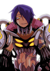 Rule 34 | 1boy, bandaged neck, bandages, commentary request, crying, crying with eyes open, emon-yu, genetic (ragnarok online), hair between eyes, hair over one eye, looking at viewer, male focus, navel, purple hair, ragnarok online, short hair, simple background, sleeveless, smile, solo, stitches, tears, upper body, white background, yellow eyes