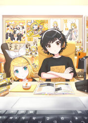 Rule 34 | 2girls, absurdres, black hair, blonde hair, blue eyes, book, brown eyes, chair, character doll, character print, choppy bangs, commentary, crossed arms, desk, figure, guitar case, hair ribbon, hairband, headphones, highres, instrument case, interior, itogari, kagamine len, kagamine rin, keyboard (computer), looking at another, looking at viewer, master (vocaloid), merchandise, microphone, mouse (computer), multiple girls, multiple hairpins, nail polish, on chair, open book, otaku room, poster (object), pout, print shirt, ribbon, screen pov, shelf, shirt, short hair, sitting, sparkle, symbol-only commentary, vocaloid, white ribbon, wireless mouse