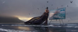 Rule 34 | 1girl, arms behind back, backless dress, backless outfit, bare shoulders, bird, black dress, dress, evening gown, ghostblade, highres, ocean, outdoors, painting (object), princess yan, scenery, sky, solo, standing, water, waves, wlop