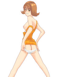 Rule 34 | 1990s (style), 1girl, ass, bare shoulders, blush, breasts, brown hair, dress, female focus, final fantasy, final fantasy viii, green eyes, nipples, panties, panty pull, retro artstyle, selphie tilmitt, simple background, skinny, smile, solo, underwear, white background