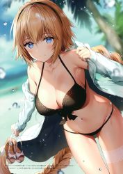 Rule 34 | 1girl, absurdres, ahoge, alternate costume, beach, bikini, black bikini, blonde hair, blue sky, blurry, blurry background, blush, braid, breasts, bridal garter, cleavage, closed mouth, cloud, collarbone, day, fate/grand order, fate (series), groin, hair between eyes, hair ornament, hair scrunchie, hairband, highres, holding, holding shoes, jacket, jeanne d&#039;arc (fate), jeanne d&#039;arc (ruler) (fate), jeanne d&#039;arc (swimsuit archer) (fate), jeanne d&#039;arc (swimsuit archer) (first ascension) (fate), large breasts, light particles, long hair, long sleeves, looking at viewer, navel, necomi, ocean, open clothes, open jacket, outdoors, palm tree, sand, sandals, unworn sandals, scan, scrunchie, shoes, sidelocks, signature, single braid, sky, smile, solo, sparkle, stomach, sunlight, swimsuit, thighs, tree, very long hair, water drop, wet, yellow eyes