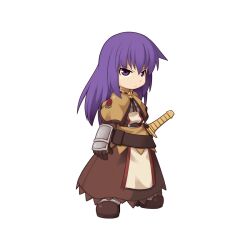 Rule 34 | 1girl, brown dress, chest guard, chibi, closed mouth, dress, fighting stance, floral print, frilled dress, frills, frown, full body, gauntlets, holding, holding sword, holding weapon, long hair, medium bangs, official art, purple eyes, purple hair, ragnarok online, ready to draw, rose print, sidelocks, simple background, solo, standing, sword, swordsman (ragnarok online), tachi-e, transparent background, v-shaped eyebrows, weapon, yuichirou