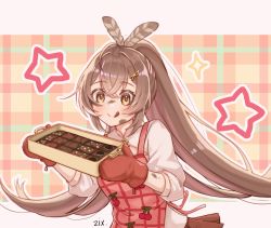 Rule 34 | ahoge, apron, baking, berry, blush, brown eyes, brown hair, brownie, brownie (food), candy, cookie, dirty, dirty face, feather hair ornament, feathers, food, hair ornament, highres, hololive, hololive english, licking lips, long hair, nanashi mumei, oven mitts, patterned background, patterned clothing, ponytail, shirt, skirt, sparkle, star (symbol), tongue, tongue out, virtual youtuber, white shirt, zixsiga