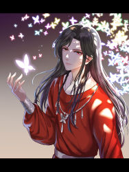 Rule 34 | 1boy, black hair, bug, butterfly, butterfly necklace, gradient background, grey background, heavenlove, hua cheng, insect, letterboxed, looking at viewer, male focus, pink eyes, red eyes, solo, tianguan cifu, upper body, white butterfly