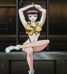 Rule 34 | 1990s (style), 1girl, anime screenshot, ankle boots, bdsm, bondage, boots, bound, breasts, cowboy bebop, crossed legs, cuffs, faye valentine, female focus, green eyes, hairband, handcuffs, highres, large breasts, lipstick, looking at viewer, makeup, midriff, navel, prisoner, purple hair, red lips, restrained, retro artstyle, screencap, short hair, smile, solo, stitched, thighhighs, third-party edit