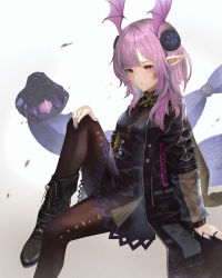Rule 34 | 1girl, absurdres, arknights, black dress, black footwear, black jacket, black pantyhose, blue nails, blush, boots, brown scarf, commentary, cross-laced footwear, dress, foot out of frame, gold necklace, gradient background, hand on own knee, head wings, highres, jacket, jewelry, knee up, long sleeves, manticore (arknights), manticore (invisible dirge) (arknights), medium hair, multiple rings, nail polish, necklace, open clothes, open jacket, open mouth, pantyhose, paw print, pink hair, pointy ears, red eyes, ring, scarf, scorpion tail, see-through, see-through sleeves, short dress, sitting, solo, tail, uzurako, wings