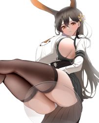 Rule 34 | 1girl, absurdres, against glass, animal ears, ass, ass on glass, azur lane, black hair, black skirt, black thighhighs, braid, breasts, chikuma (azur lane), closed mouth, commentary, crossed bangs, earrings, from below, hair between eyes, hair ornament, high-waist skirt, highres, huge breasts, jewelry, long hair, looking at viewer, looking down, mole, mole under mouth, nicorima, no bra, orange eyes, panties, pleated skirt, sideboob, simple background, single braid, sitting, skindentation, skirt, smile, solo, thighhighs, thighs, transparent seat, underwear, white background, white panties