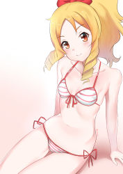 Rule 34 | 10s, 1girl, absurdres, ascii media works, bikini, blonde hair, bow, breasts, drill hair, eromanga sensei, front-tie top, hair bow, highres, long hair, looking at viewer, pointy ears, ponytail, red bow, red eyes, side-tie bikini bottom, simple background, sitting, small breasts, solo, striped bikini, striped clothes, swimsuit, twin drills, vitotraps, white background, white bikini, yamada elf