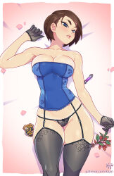 Rule 34 | 1girl, artist name, black panties, blue eyes, blush, breasts, brown hair, cleavage, commentary, english commentary, g-string, gloves, highres, jill valentine, kajin (kajinman), lace, lace-trimmed panties, lace trim, large breasts, lingerie, looking at viewer, mole, mole on armpit, mole on breast, mole on crotch, mole on stomach, panties, patreon username, resident evil, shiny skin, short hair, smile, solo, thighhighs, thighs, thong, underwear, watermark, web address