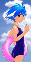 Rule 34 | 00s, 1girl, animal ears, blue hair, cloud, flat chest, food, galaxy angel, green eyes, highres, innertube, looking at viewer, mint blancmanche, one-piece swimsuit, popsicle, short hair, sky, solo, swim ring, swimsuit, yellow eyes