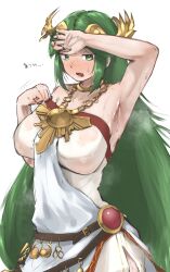 Rule 34 | 1girl, ancient greek clothes, arm over head, armpits, bare arms, bare shoulders, belt buckle, blush, breasts, buckle, chiton, circlet, collarbone, dress, forehead jewel, gold choker, green eyes, green hair, half-closed eyes, highres, jewelry, kid icarus, kid icarus uprising, large breasts, laurel crown, long hair, monoi daru, neck ring, nintendo, palutena, parted bangs, pendant, side slit, solo, strapless, strapless dress, sweat, sweatdrop, translation request, very long hair, white dress