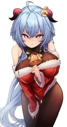 Rule 34 | 1girl, ahoge, alternate costume, bare shoulders, bell, bent over, black pantyhose, blue hair, blush, bodysuit, breasts, christmas, cowbell, detached sleeves, downblouse, ganyu (genshin impact), genshin impact, goat horns, highres, hokaru, horns, large breasts, leaning forward, long hair, long sleeves, looking at viewer, nervous, pantyhose, purple eyes, santa costume, simple background, solo, white background