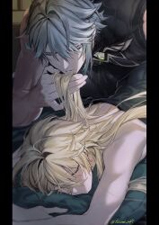 Rule 34 | 2boys, aether (genshin impact), alhaitham (genshin impact), alternate hairstyle, black shirt, blonde hair, chest jewel, closed eyes, commentary, compression shirt, genshin impact, grey hair, hair between eyes, hair down, highres, long hair, lying, male focus, multiple boys, on stomach, pillarboxed, shirt, sleeping, sleeveless, sleeveless shirt, sonomi, symbol-only commentary, under covers, very long hair, yaoi