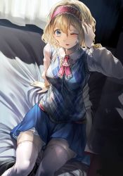 Rule 34 | 1girl, alice margatroid, alternate costume, argyle, argyle clothes, argyle sweater vest, arm support, bed, blonde hair, blush, curtains, geppewi, highres, looking at viewer, one eye closed, open mouth, revision, short hair, sitting, solo, sweater vest, thighhighs, touhou, white thighhighs, wink, zettai ryouiki