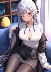 Rule 34 | 1girl, argus (a hundred sleepless eye) (azur lane), argus (azur lane), azur lane, belt, bird, black jacket, black skirt, blue eyes, bow, braid, breast pocket, breasts, brown pantyhose, chick, cleavage, collared shirt, dress shirt, frown, hair bow, highres, jacket, large breasts, long hair, long sleeves, looking at viewer, manda (manda9n), manjuu (azur lane), miniskirt, off shoulder, official alternate costume, open clothes, open jacket, pantyhose, partially unbuttoned, pleated skirt, pocket, shirt, shirt tucked in, sitting, skirt, solo, very long hair, white hair, white shirt