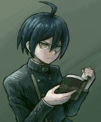 Rule 34 | 1boy, ahoge, black hair, black jacket, book, brown background, brown eyes, buttons, closed mouth, commentary request, danganronpa (series), danganronpa v3: killing harmony, double-breasted, gakuran, hair between eyes, holding, holding book, jacket, long sleeves, looking at viewer, male focus, namu (nurui cha), saihara shuichi, school uniform, short hair, simple background, smile, solo, striped clothes, striped jacket, translation request, upper body