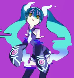 Rule 34 | 1girl, aqua hair, bare shoulders, black skirt, black sleeves, black thighhighs, commentary request, creatures (company), detached arm, detached legs, detached sleeves, game freak, ghost miku (project voltage), glitch, gradient hair, grey shirt, hair between eyes, hatsune miku, horezai, long hair, looking at viewer, multicolored hair, necktie, nintendo, open mouth, pale skin, pokemon, print sleeves, project voltage, purple background, see-through, see-through skirt, shirt, simple background, skirt, sleeveless, sleeveless shirt, sleeves past fingers, sleeves past wrists, solo, standing, thighhighs, twintails, very long hair, vocaloid, white hair, white necktie, will-o&#039;-the-wisp (mythology), yellow eyes