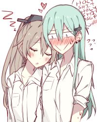 Rule 34 | 10s, 2girls, :&gt;, aqua hair, blush, brown hair, dress shirt, ear piercing, embarrassed, english text, closed eyes, female focus, hair ornament, hairclip, heart, highres, kantai collection, kumano (kancolle), kvlen, multiple girls, piercing, shirt, sleeping, sleeping on person, sleeves pushed up, suzuya (kancolle), thought bubble, upper body, white background, yuri