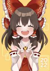 Rule 34 | 1girl, 2022, :d, ascot, bare shoulders, blush, bow, brown hair, closed eyes, detached sleeves, double v, facing viewer, frilled bow, frilled hair tubes, frilled shirt collar, frills, hair bow, hair tubes, hakurei reimu, hands up, happy, highres, long hair, long sleeves, machimo, open mouth, orange background, red bow, red vest, sidelocks, simple background, sleeves past elbows, smile, solo, teeth, touhou, upper body, upper teeth only, v, vest, wide sleeves, yellow ascot