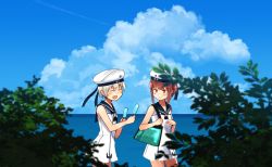 Rule 34 | 2girls, ^ ^, annin musou, bad id, bad twitter id, blonde hair, blue sailor collar, blue sky, blush, brown eyes, brown hair, closed eyes, clothes writing, cloud, commentary request, day, food, hat, holding, holding food, kantai collection, multiple girls, ocean, open mouth, popsicle, sailor collar, sailor hat, short hair, sky, sleeveless, smile, white hat, z1 leberecht maass (kancolle), z3 max schultz (kancolle)