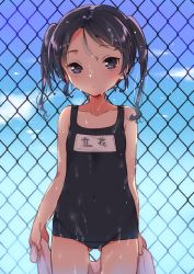 Rule 34 | 1girl, black eyes, black hair, braid, chain-link fence, child, collarbone, covered navel, cowboy shot, facing viewer, fence, gluteal fold, ichihaya, long hair, name tag, original, school swimsuit, solo, standing, swimsuit, towel, twin braids, wet, wet clothes
