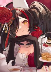 Rule 34 | 1girl, biscuit (bread), black gloves, black hair, blush, bow, breasts, cake, cleavage, commentary, cup, dress, elbow gloves, eyes visible through hair, flower, food, fruit, gloves, hair between eyes, hair bow, hair flower, hair ornament, hair ribbon, hands on own chin, head rest, head tilt, highres, hololive, itaboon, jewelry, large bow, lips, long hair, looking at viewer, medium breasts, multicolored hair, necklace, official alternate costume, ookami mio, ookami mio (wonderland), orange eyes, own hands clasped, own hands together, parted bangs, red bow, red dress, red hair, ribbon, rose, sitting, smile, solo, strawberry, strawberry shortcake, streaked hair, symbol-only commentary, teacup, teapot, tiered tray, twintails, two-tone bow, two-tone dress, two-tone hair, upper body, virtual youtuber, white bow, white dress, white ribbon