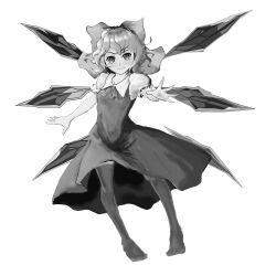 Rule 34 | 1girl, absurdres, bow, cirno, closed mouth, collared shirt, detached wings, dress, frilled sleeves, frills, full body, greyscale, hair bow, head tilt, highres, ice, ice wings, inoshin (inixia1748), light smile, looking at viewer, monochrome, no shoes, outstretched arm, pinafore dress, puffy short sleeves, puffy sleeves, shirt, short sleeves, sleeveless, sleeveless dress, solo, thighhighs, touhou, v-shaped eyebrows, white background, wings