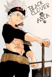 Rule 34 | 1boy, animal, animal on shoulder, asta (black clover), belt, bird, bird on shoulder, black clover, black headband, character name, copyright name, fang, green eyes, hair between eyes, hand on hilt, headband, highres, holding, looking at viewer, multicolored eyes, navel, nero (black clover), nyahpa20, planted, planted sword, planted weapon, red eyes, short hair, silver hair, sword, upper body, weapon