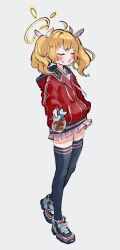Rule 34 | 1girl, black thighhighs, blonde hair, blue archive, blush, closed eyes, full body, gift, grey background, hair ribbon, halo, hand in pocket, highres, holding, holding gift, hood, hood down, hooded jacket, jacket, long hair, long sleeves, miniskirt, pink skirt, pleated skirt, red jacket, ribbon, shoes, simple background, skirt, sneakers, solo, standing, sweat, thighhighs, track jacket, twintails, unya (unyaunia), yoshimi (blue archive)
