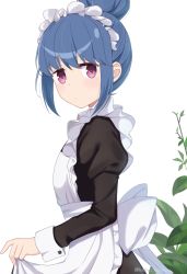 Rule 34 | 1girl, alternate costume, apron, apron hold, back bow, black dress, blue hair, blush, bow, closed mouth, dress, enmaided, expressionless, from side, hair bun, highres, juliet sleeves, long sleeves, looking at viewer, looking to the side, maid, maid headdress, nekosination, plant, puffy sleeves, purple eyes, shima rin, short hair, sidelocks, simple background, single hair bun, solo, twitter username, upper body, white apron, white background, white bow, yurucamp