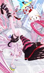 Rule 34 | 1girl, alternate costume, armlet, bell, black footwear, black shorts, blurry, blurry background, blush, fang, full body, gradient hair, grey hair, hair bell, hair between eyes, hair bun, hair ornament, handstand, highres, hololive, horns, jewelry, long hair, looking at viewer, loose socks, mask, mask on head, multicolored hair, nakiri ayame, navel, one arm handstand, oni, open mouth, perspective, poyoyo (nakiri ayame), red eyes, red hair, shirt, shoes, short shorts, shorts, sidelocks, skin-covered horns, sleeveless, sleeveless shirt, smile, socks, solo, streaked hair, striped clothes, striped socks, tatsunami1379, thigh strap, tied shirt, upside-down, virtual youtuber, white hair, white shirt