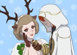 Rule 34 | 1boy, 1girl, animal ears, antlers, bell, blue background, blush, breasts, brown eyes, brown gloves, brown hair, cape, choker, christmas, cleavage, deer antlers, deer ears, eyeliner, eyeshadow, fake animal ears, fake antlers, fire emblem, fire emblem: three houses, fire emblem heroes, fseffect, fur cape, gloves, highres, hood, hoodie, horns, intelligent systems, kiran (fire emblem), kiran (male) (fire emblem), large breasts, lips, lipstick, makeup, manuela casagranda, neck bell, nintendo, o-ring, red eyeshadow, red hair, red lips, robe, shiny clothes, shiny skin, short hair, snow, snowflakes, upper body, white robe