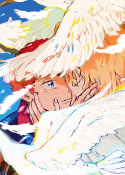 Rule 34 | 0ml, 2boys, absurdres, amuro ray, bird, blonde hair, blue background, blue eyes, blue jacket, char&#039;s counterattack, char aznable, feathered wings, feathers, film grain, gundam, hand on own cheek, hand on own face, highres, jacket, light smile, looking at another, male focus, multiple boys, orange hair, parted lips, short hair, simple background, wings, yaoi