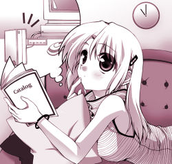 Rule 34 | 1girl, blouse, bracelet, clock, computer, crystal dolls, finger to mouth, jewelry, minase (artist), minase lin, monochrome, mouse (computer), purple theme, shirt, solo, striped clothes, striped shirt