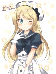 Rule 34 | 1girl, black legwear, blonde hair, blue eyes, blue sailor collar, commentary request, cowboy shot, dated, dress, gloves, hat, jervis (kancolle), kantai collection, looking at viewer, neckerchief, one-hour drawing challenge, one eye closed, sailor collar, sailor dress, sailor hat, sakura romu, short sleeves, solo, sparkle, star (symbol), starry background, twitter username, white background, white dress, white gloves, white hat
