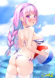 Rule 34 | 1girl, :o, ahoge, ass, back, ball, beachball, bikini, blue hair, blunt bangs, blush, braid, breasts, commentary request, day, english text, gmkj, hairband, highres, holding, holding ball, holding beachball, hololive, long hair, looking at viewer, looking back, medium breasts, minato aqua, multicolored hair, nail polish, ocean, open mouth, outdoors, purple eyes, purple hair, shoulder blades, sideboob, signature, solo, standing, streaked hair, striped bikini, striped clothes, swimsuit, thighhighs, twintails, two-tone hair, virtual youtuber, wet, white thighhighs