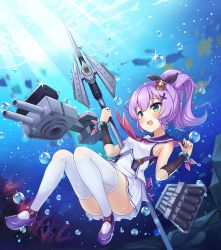 Rule 34 | 1girl, 2drr, :d, air bubble, arm warmers, azur lane, bangle, black ribbon, blush, bracelet, bubble, cannon, commentary request, convenient leg, coral reef, crown, dress, fish, full body, green eyes, hair ornament, hair ribbon, high heels, high ponytail, highres, holding, javelin, javelin (azur lane), jewelry, long hair, mini crown, name connection, neckerchief, object namesake, open mouth, ponytail, purple footwear, purple hair, red neckerchief, red ribbon, ribbon, sailor dress, sleeveless, sleeveless dress, smile, solo, submerged, thighhighs, torpedo tubes, turret, underwater, white dress, white thighhighs, x hair ornament