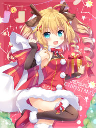 Rule 34 | 1girl, 2017, :d, ahoge, ameto yuki, animal ears, ankle boots, antlers, artist name, azur lane, black gloves, black thighhighs, blue eyes, blush, boots, box, christmas, christmas stocking, commentary request, deer ears, dress, elbow gloves, fingerless gloves, fur-trimmed boots, fur-trimmed dress, fur-trimmed gloves, fur-trimmed legwear, fur collar, fur trim, gift, gift box, gloves, gridley (azur lane), gridley (christmas photoshoot) (azur lane), hair between eyes, hair ornament, holding, holding sack, horns, long hair, looking at viewer, looking to the side, open mouth, red dress, red footwear, reindeer antlers, ringlets, sack, santa costume, smile, solo, standing, standing on one leg, star (symbol), thighhighs, x hair ornament