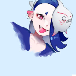 Rule 34 | 1girl, blue hair, hair over one eye, highres, long hair, nintendo, octoling, octoling girl, octoling player character, one eye covered, po!son, red eyes, shiver (splatoon), solo, spiked ear piercing, splatoon (series), splatoon 3, tentacles, tongue, tongue out, upper body