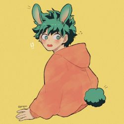 Rule 34 | !?, 1boy, animal ears, artist name, blush, boku no hero academia, bright pupils, commentary request, cropped torso, freckles, gaagyeo, green eyes, green hair, highres, hood, hood down, hoodie, kemonomimi mode, korean commentary, long sleeves, looking back, male focus, midoriya izuku, open mouth, orange hoodie, rabbit boy, rabbit ears, rabbit tail, short hair, simple background, solo, tail, twitter username, upper body, white pupils, yellow background